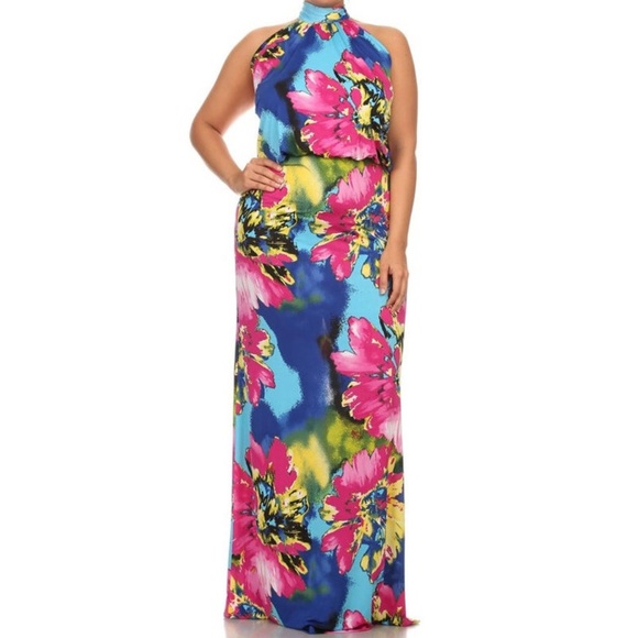 Dresses Plus Aqua Blue Fuchsia Floral Halter Maxi Dress Poshmark